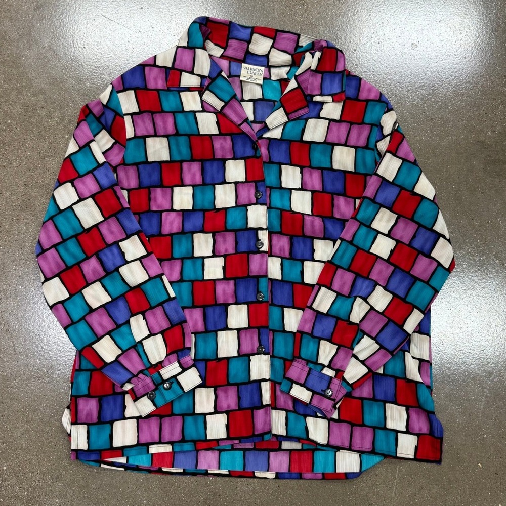 Allison Daley Vintage Geometric Block Print Button Down Blouse Multi-Color Sz 12